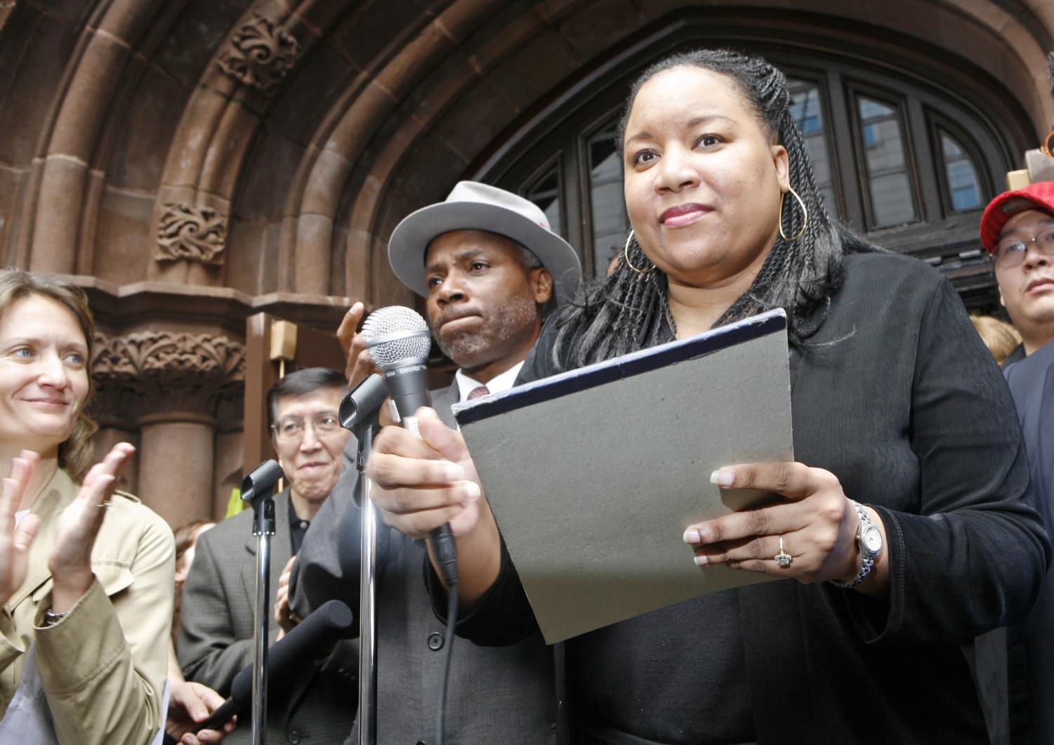 Professor Madonna Constantine speaks at a protest rally at Teachers College at Columbia University in New York on Oct. 10, one day after a hangman's noose was discovered on her office door at the college.