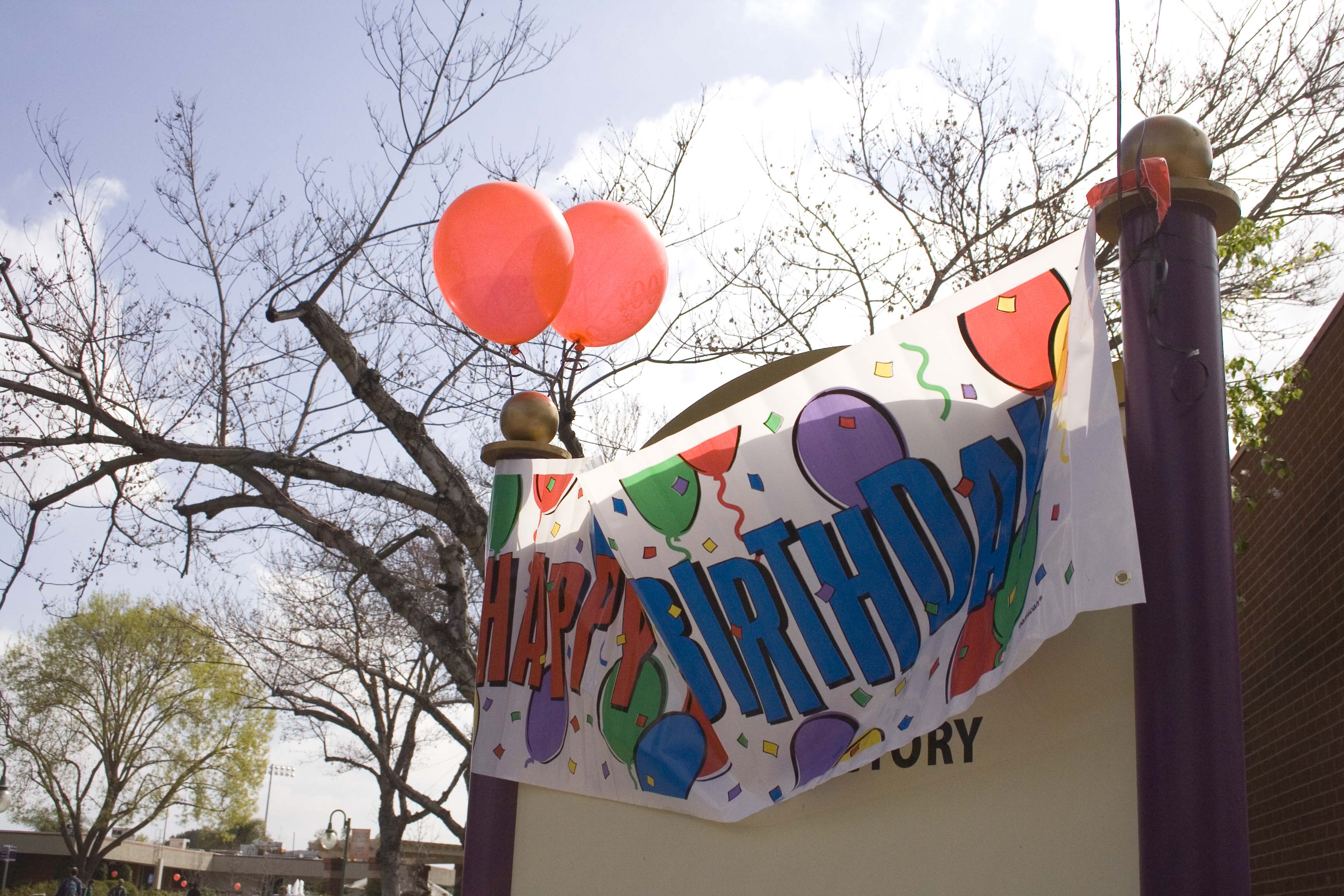 On the morning of Feb. 25, 2008, the campus was filled with birthday signs, balloons, and posters in celebration of Biola's 100th year. | Photo by Kelsey Heng