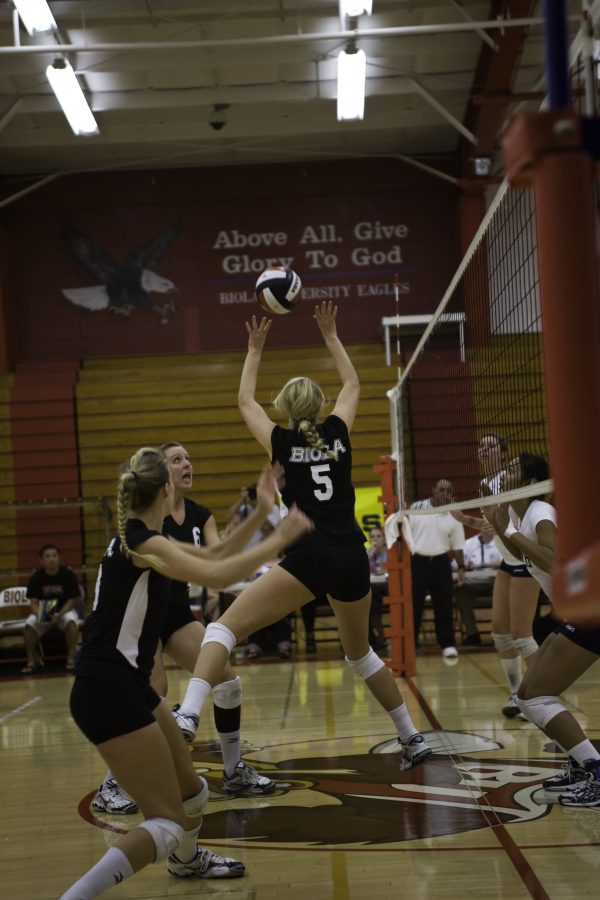 The women’s volleyball team, currently ranked fourth, has a 15-0 record, defeating everyone in their path at the APU Cougar Classic early in the season and more recently sweeping Vanguard, Westmont and Point Loma.. Photo by Mike Villa