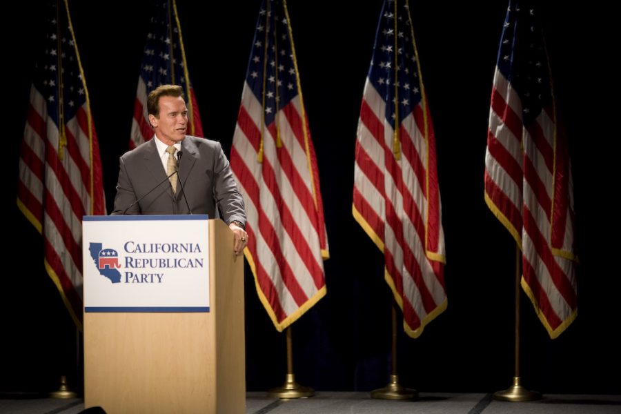 Arnold Schwarzenegger spoke during a debate-viewing banquet at the California Republican Party convention in Anaheim Friday night. The governor pledged continued support for the McCain-Palin ticket. Photo by Mike Villa