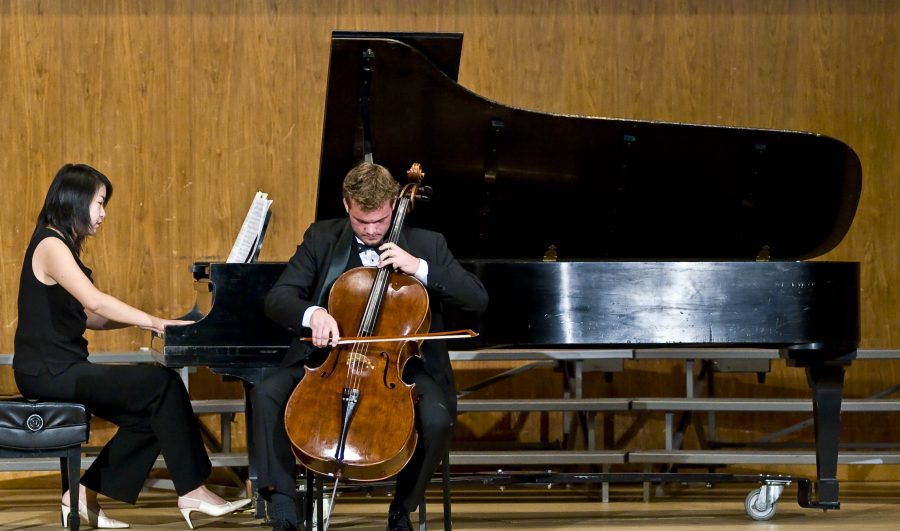 Cellist Nathan Cottrell performed his solo piece, Sonata in G Minor for Cello and Piano Op. 19, accompanied by pianist Jiayi Shi.

 Photo by Christina Schantz