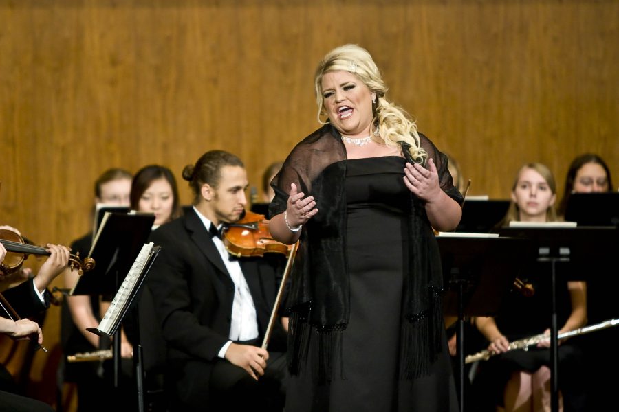 Danielle Evans, a soprano from Biola's Chorale, performs her solo piece “Senza Mamma” from Suor Angelica.  Photo by Christina Schantz