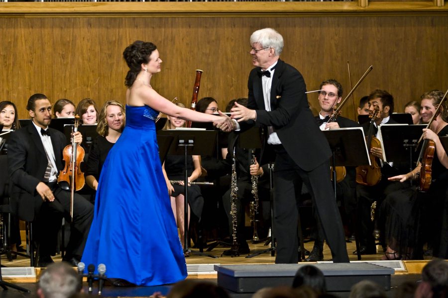 Shaya Greathouse, soprano soloist, shook the hand of Marlin Owen, the Strings Area Coordinator, after singing “The Jewel Song” from Faust.  Photo by Christina Schantz