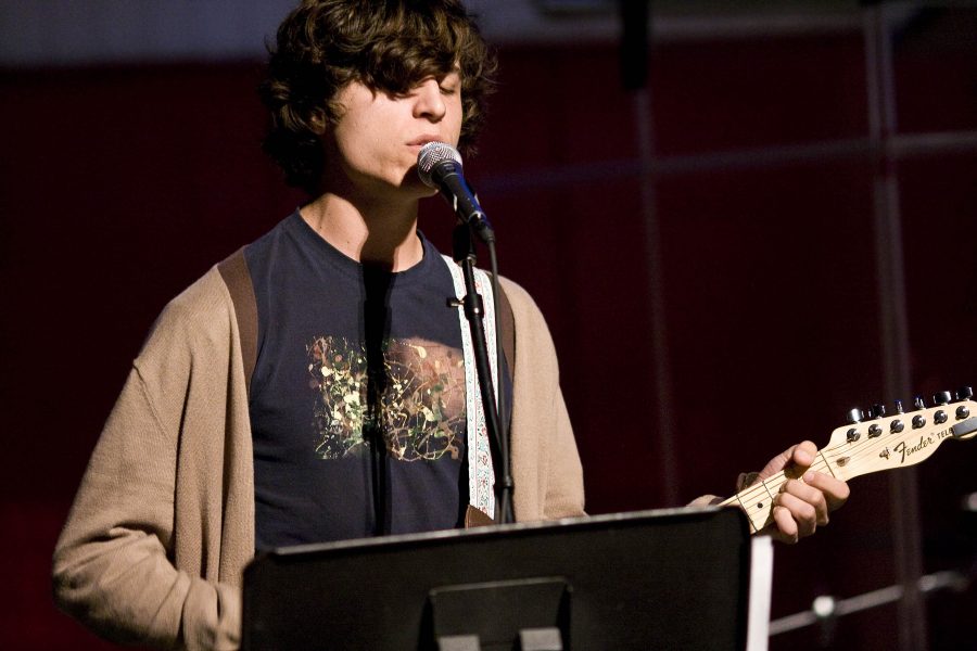 Joel Hasemeyer, member of the band The Fragrance, lead worship in chapel on Oct. 8 to help prepare the hearts of students for the Day of Prayer.   Photo by Kelsey Heng