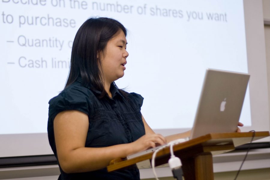 Senior Christie Lam, president of the Crowell Investment Society, speaks at a club meeting on Monday night.  Photo by Bethany Cissel