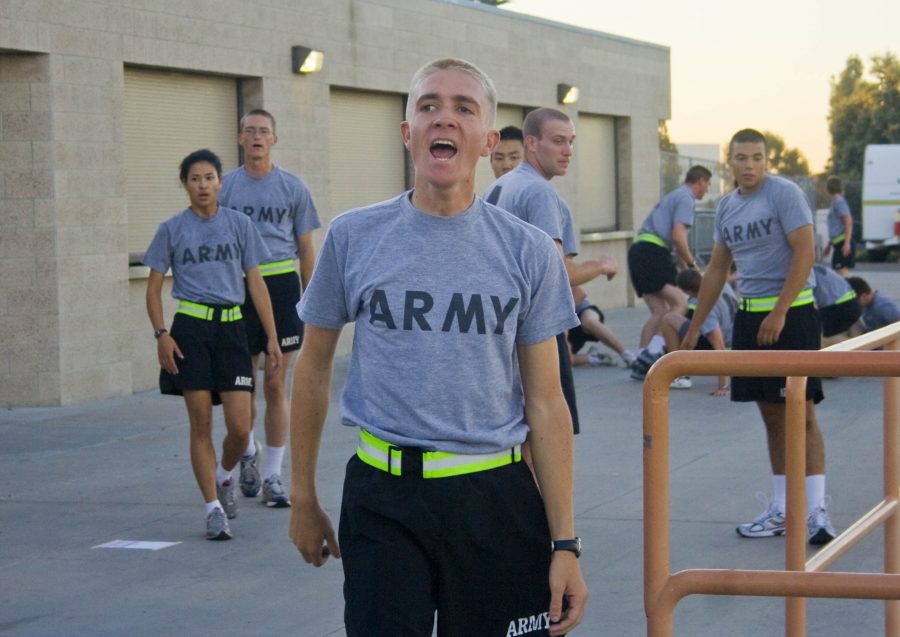 Nick Griepsma, Biola junior and third year ROTC member, acted as the morning PT instructor working in his role as ROTC officer.    Photo by Kelsey Heng