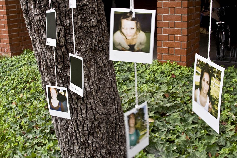 Outside the Marshburn Hall, another installation art project using Polaroids hanging on the tree.   Photo by Kelsey Heng