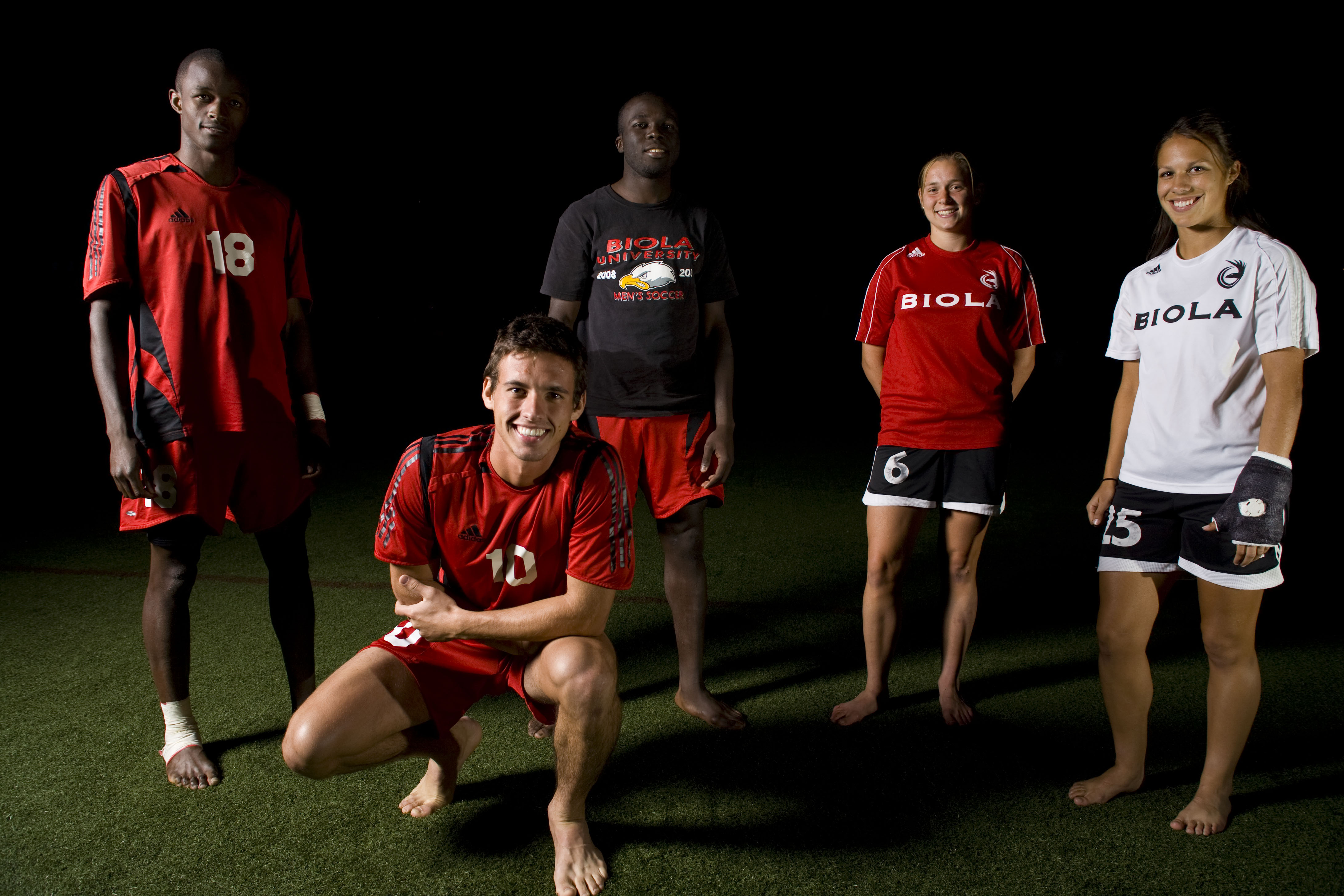 Kennedy Chongo, HumbertoToscan, Shalom Bako, Gillian McPherson, and Amy Atkinson came from different countries all over the world to play soccer at Biola. The five players represent a total of four continents across the globe. Photo by Mike Villa