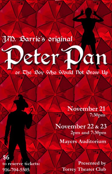 Torrey Theatre Club will be presenting their play of the semester: J.M. Barries Original Peter Pan or The Boy Who Would Not Grow Up, directed by Katherine Zilka