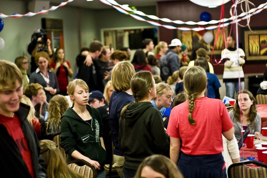 Students gathered together in the banquet room Tuesday night to watch the live updates of the presidential election.   Photo by Christina Schantz