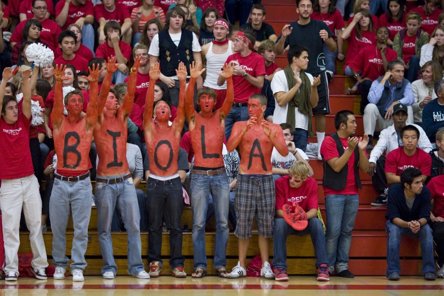 The Biola crowd cheered the Biola volleyball team to victory as they beat the Azusa Cougars in the last home game of the year.   Photo by Bethany Cissel 