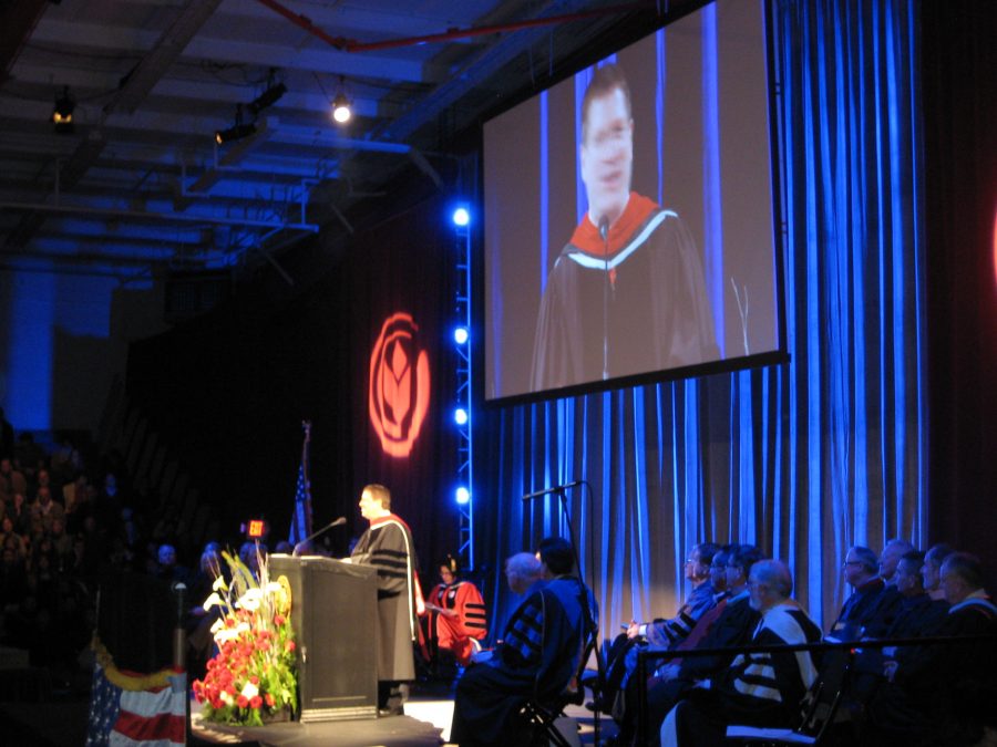 Author and Christian apologist Lee Strobel addresses graduates at the fall commencement exercises on Friday, Dec. 19.   Photo by Michelle Rindels