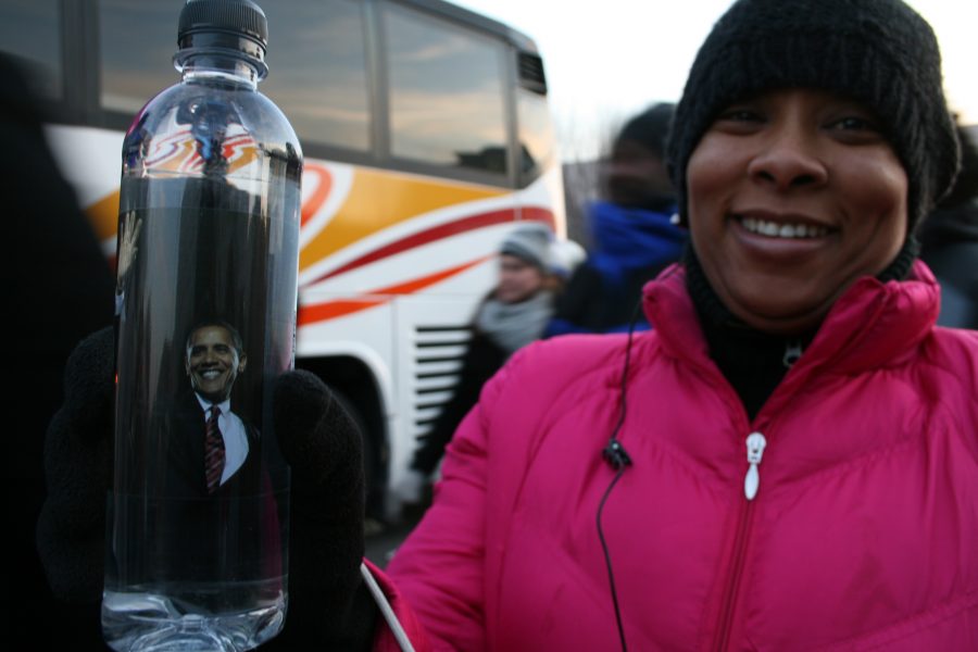 Barack Obamas image was on every type of item possible, including earrings, t-shirts, posters, flags and, as pictured, water bottles. These items were sold by street vendors all over Capitol Hill and down The National Mall. Photo by Rachelle Brown