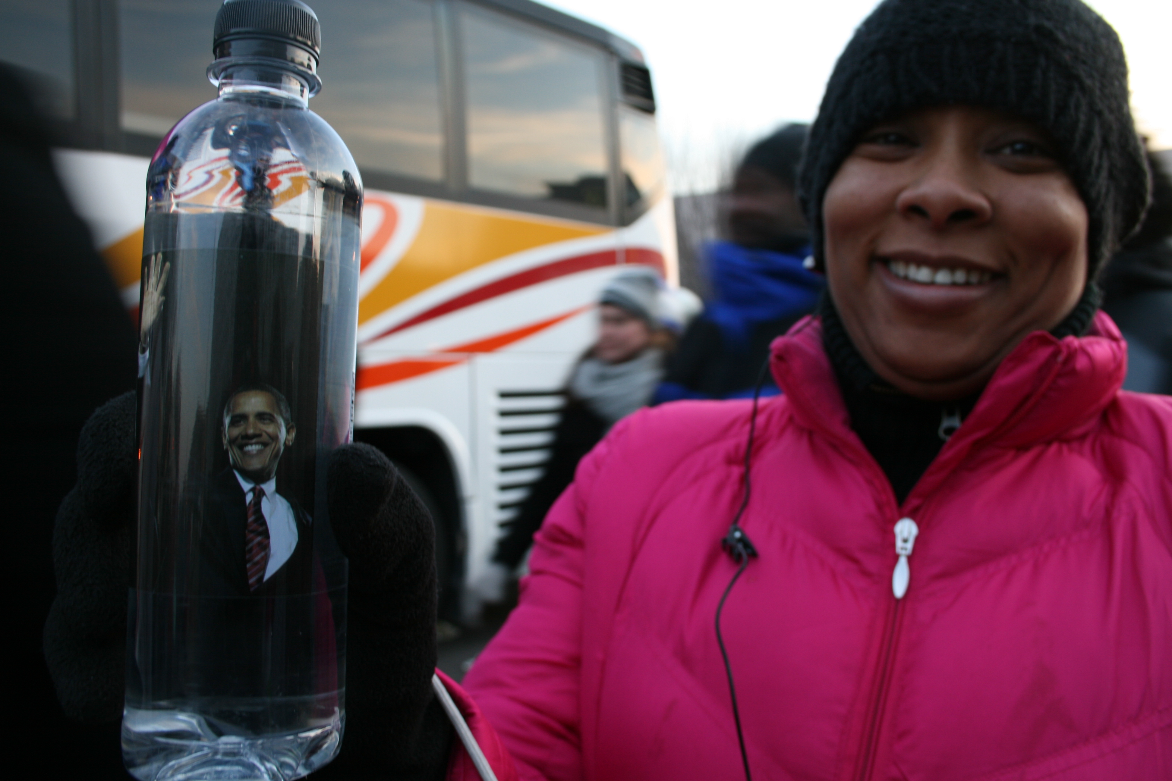 Barack Obama's image was on every type of item possible, including earrings, t-shirts, posters, flags and, as pictured, water bottles. These items were sold by street vendors all over Capitol Hill and down The National Mall. Photo by Rachelle Brown