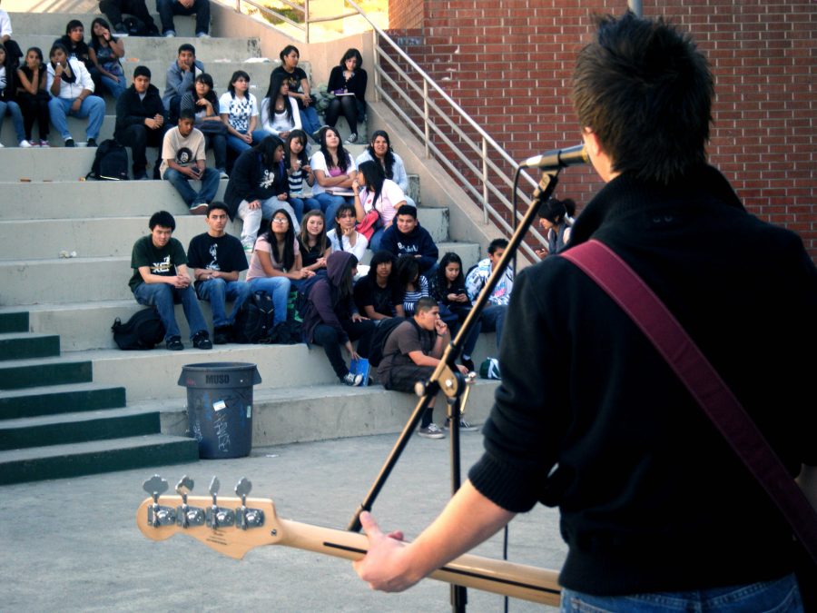 AJ Serrer plays music for a group of students at Schurr High School in Montebello, Calif. California School Project has ministered to over 700,000 students at over 300 high school in Southern California since its founding in 2003.  Photo by Chris Johnson