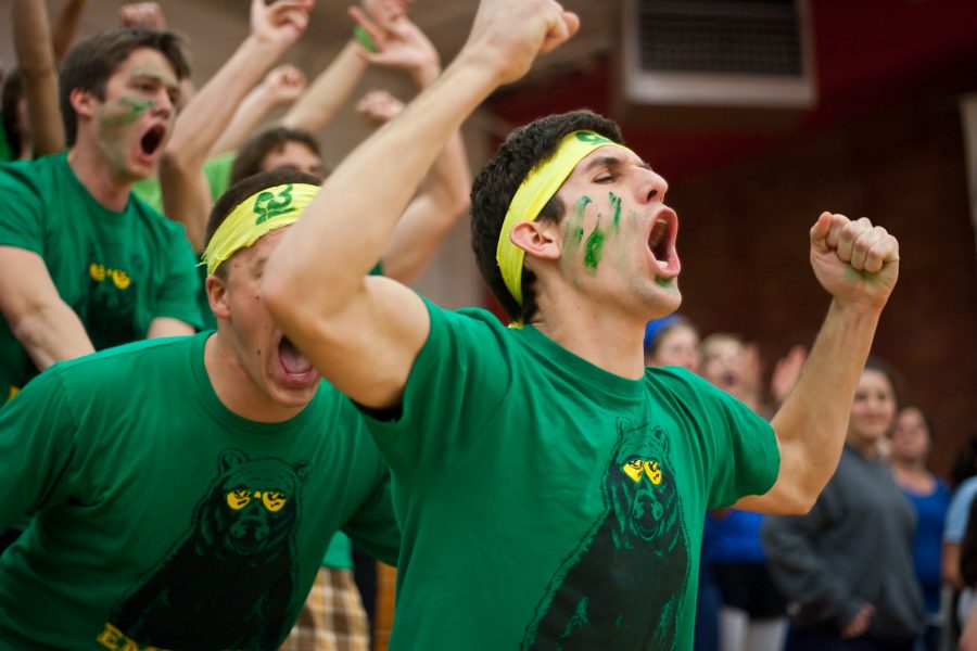 Sophomore Jason Roszhart and all of the Emerson residents cheer for their dorm against the other competitors of Nationball. Photo by Mike VIlla