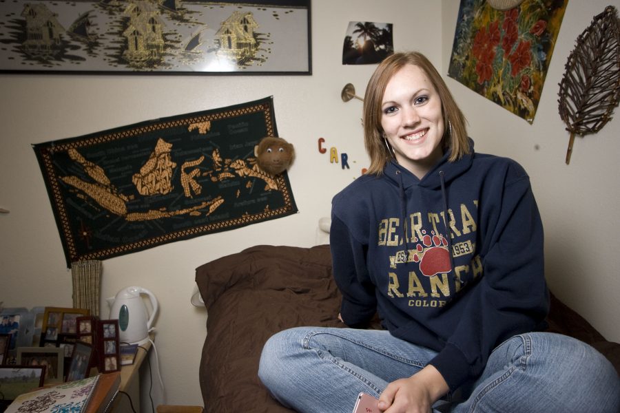 Freshman Clarissa Bixler is still at Biola in her Sigma dorm room thanks to the recently Student Economic Crisis Response Council.  Photo by Mike Villa