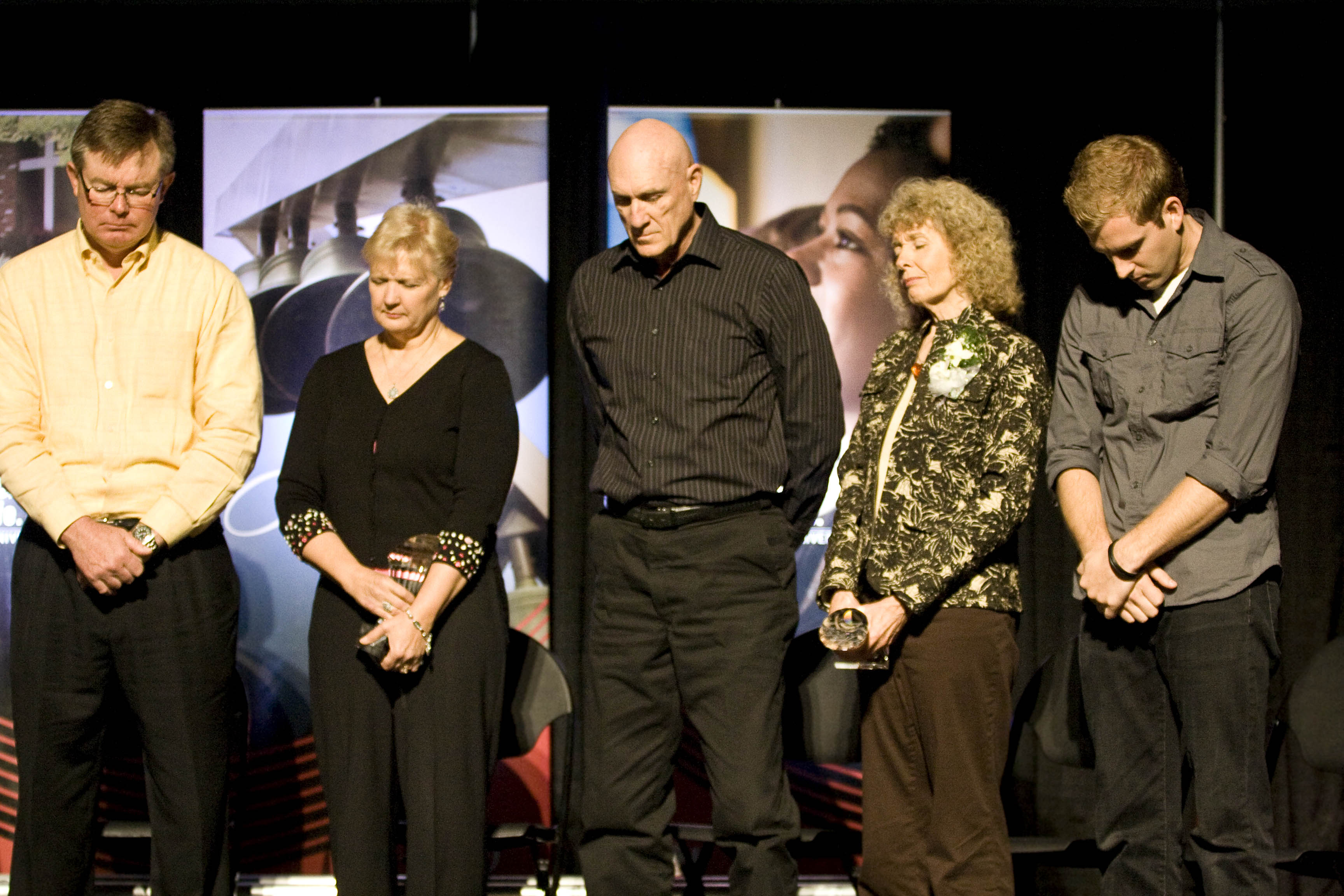 Bob and Sharon Hilts received the Global Service Award, Ted and Karey Yeats and Rick and Debbie Yorgey received Clyde Cook Missions Awards, and Jared White received the Young Alumni Award at the Alumni Homecoming Chapel on Friday, Feb. 20.  Photo by Kelsey Heng