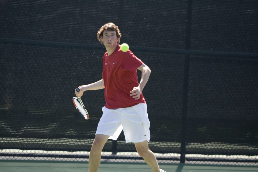 In the number five singles match Jonathan Sosnowski (APU) defeated sophomore Ryan Adams (BU); 7-5, 6-4  Photo by Bethany Cissel