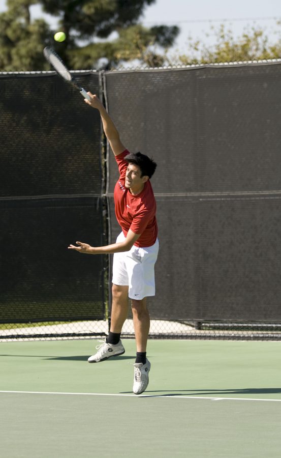 For the number one singles match, Danny Colten (APU) defeated Colin Snow, senior, (BU); 6-0, 2-6 (10-5).  Photo by Bethany Cissel