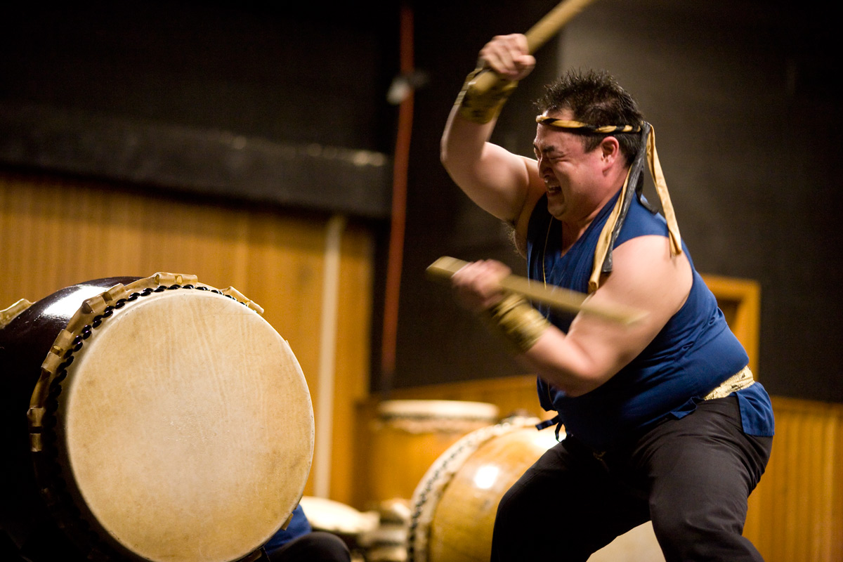 A drummer performs with over a dozen others at the Taiko Fest on Saturday, Feb. 27.  The Japanese drumming event closed off Biola's 13th Annual Student Congress on Racial Reconciliation. Photo by Mike Villa