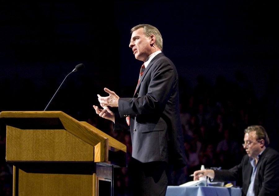 William Lane Craig opened the evenings debate with his beginning arguments, including his five reasons he believes in the existence of God.  *Photographer: Kelsey Heng*