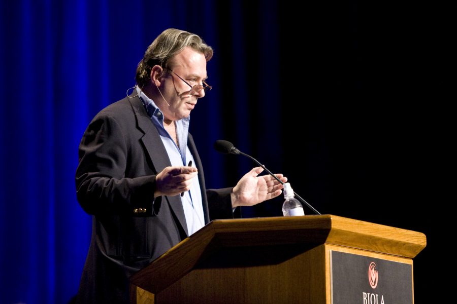 Christopher Hitchens, a well known controversial writer in the media and author to many bestselling books, presents his opening arguments in the Does God Exist Debate at Biola University. *Photographer: Kelsey Heng*