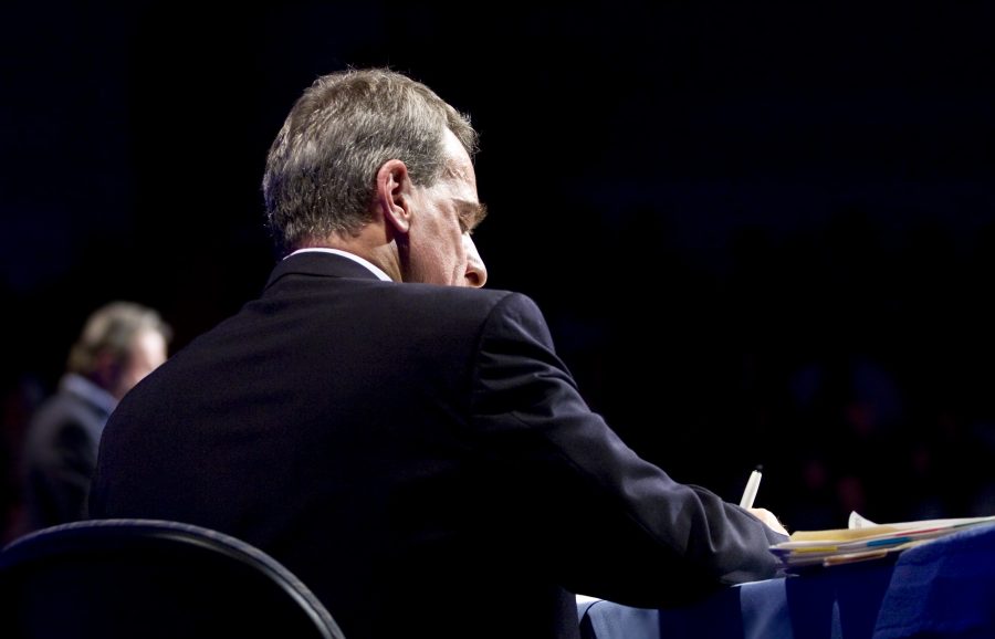 William Lane Craig, debater for the existence of God, prepares to rebuttal the opening statements made by Christopher Hitchens.  *Photographer: Kelsey Heng*