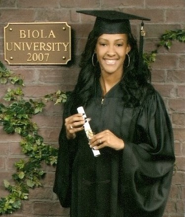 Crystal Crawford after her graduation in 2007. At Biola she was a resident assistant in Alpha Chi and a member of the Red Tide dance group. She kept in close contact with Biola friends even after she graduated.