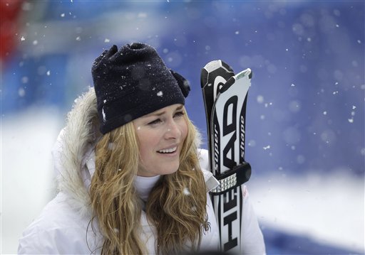 Lindsey Vonn of the United States smiles as she stands in the finish area after the first run of the Womens giant slalom at the Olympics in Whistler, British Columbia, Wednesday, Feb. 24. (AP Photo/Sergey Ponomarev)