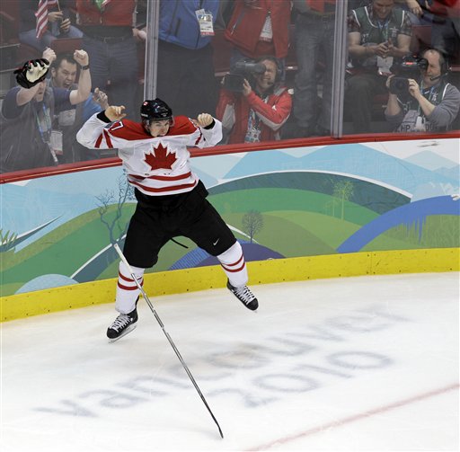 Canadas Sidney Crosby leaps in the air after making the game-winning goal in the overtime period of the mens gold medal ice hockey game against team USA at the Vancouver 2010 Olympics in Vancouver, B.C. on Feb. 28.