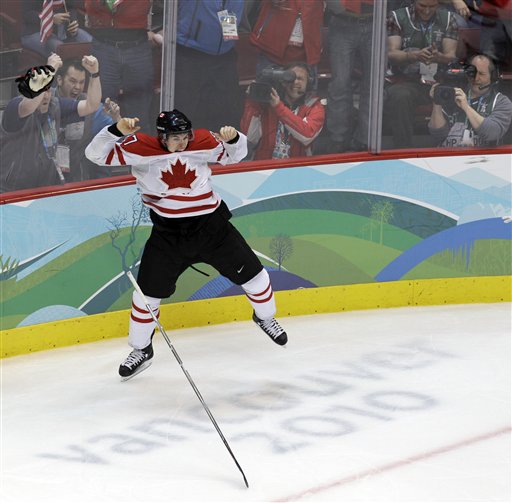 Canada's Sidney Crosby leaps in the air after making the game-winning goal in the overtime period of the men's gold medal ice hockey game against team USA at the Vancouver 2010 Olympics in Vancouver, B.C. on Feb. 28.