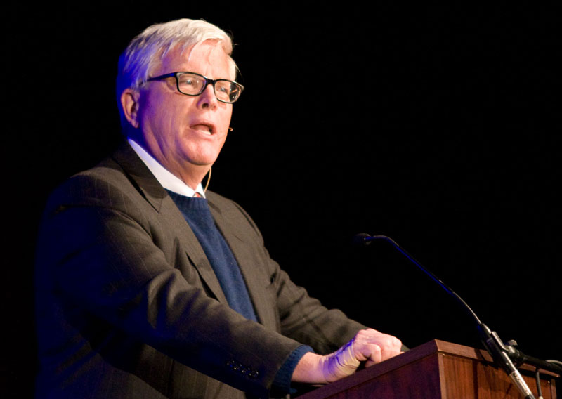 Conservative talk show host and author Hugh Hewitt speaks to Biola students Tuesday evening in Sutherland Auditorium about being involved in politics. He urged students to leave the comfortable and go to the great cultural centers of the world. | LAUREN KERMELIS / The Chimes