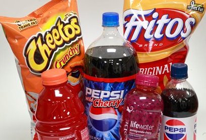 In this Feb. 25, 2010 photo, PepsiCo products, including drinks and snack food, are arranged for a photo in Providence, R.I. (AP Photo/Steven Senne)