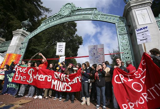 Students block Sather Gate on the University of California at Berkeley campus Thursday, March 4. in Berkeley. Demonstrations, marches, teach-ins and walkouts are planned nationwide. (AP Photo/Ben Margot)