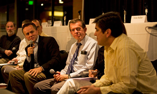 (L-R) President Corey; Greg Balsano, vice president of university services; and Christopher Grace, vice president for development and university planning interact during Thursdays town hall in the Caf. The panel, made up of top Biola officials, addressed a range of issues including the provost search and on-campus dancing. | LINDSEY MINERVA / The Chimes