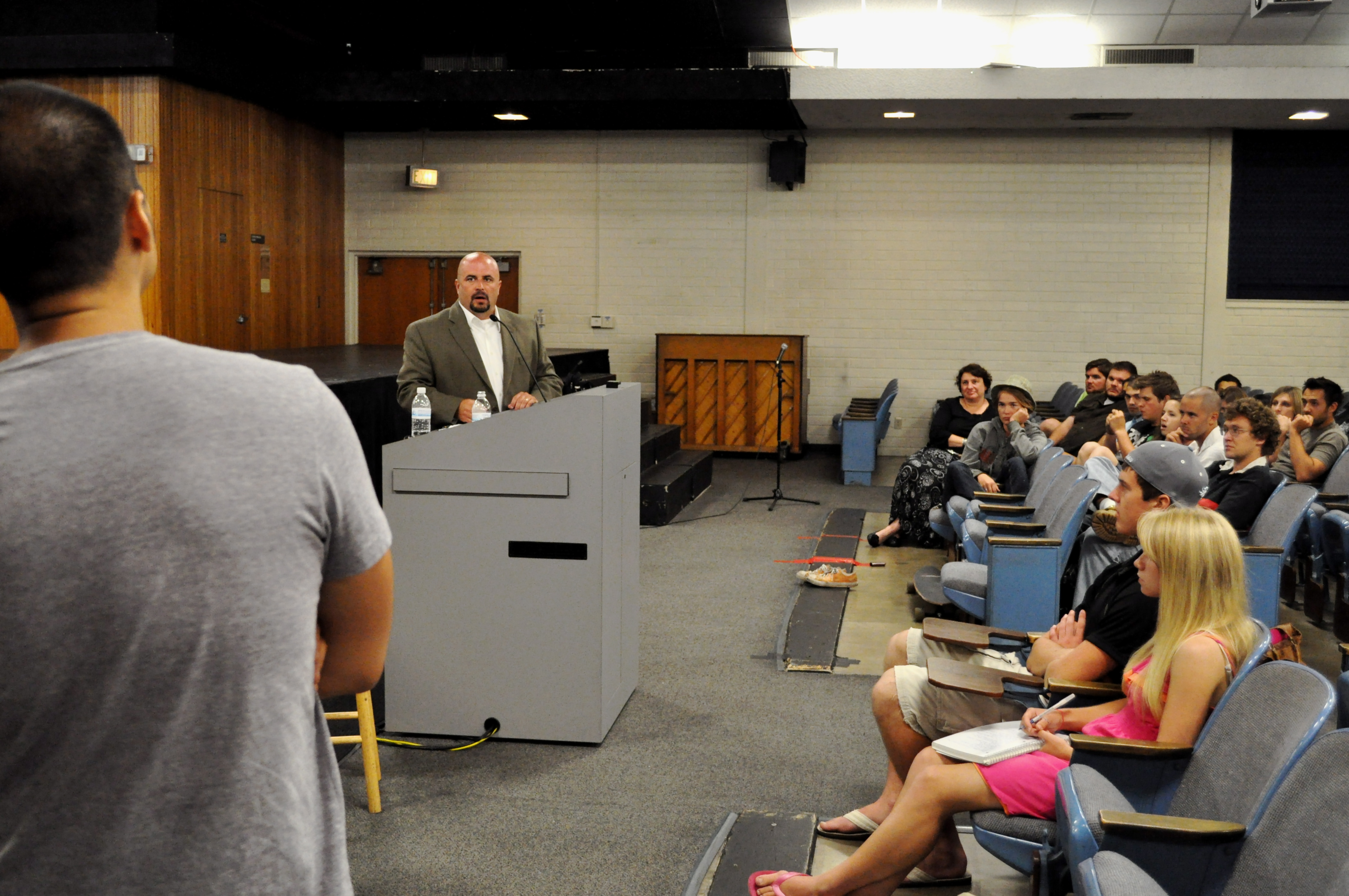 Director Porter Speakman addresses student questions at Thursday's screening of the documentary "With God on Our Side."