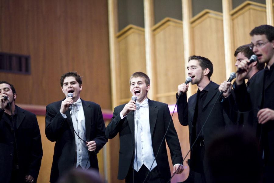 Three Kings Men performers Arnold Geis, Jordan Weaver and Mackenzie Burns sing Give Me Jesus, a student composed arrangement for the PRISM concert at Crowell Music Hall on Saturday afternoon. Prism is an annual showcase of student musical diversity through musical groups, ensembles and soloists. BETHANY CISSEL/ The Chimes