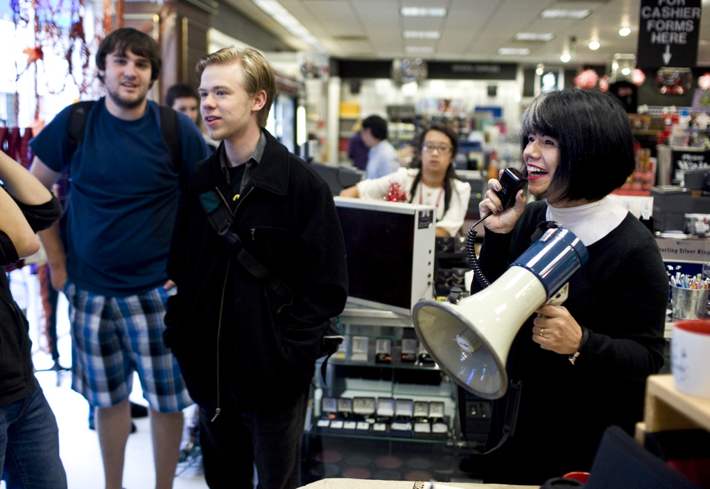 Two lucky Biola students made it out the door with hundreds of dollars of free merchandise at the Biola bookstore's annual "Jam It, Cram It" competition.