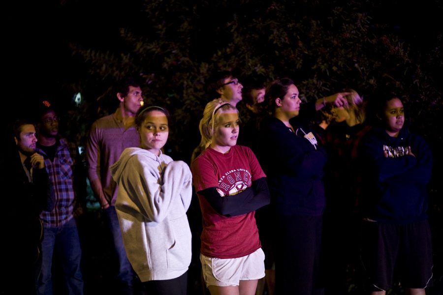 Sophomores Rachel Stump and Jordyn Pickering stand outside of the blockaded street corner of La Mirada Blvd and Oakwood Lane. The car crash involved a sheriff. City firefighters, police, and campus safety were involved in the scene. No Biola students were confirmed to be involved. Photo by Kelsey Heng