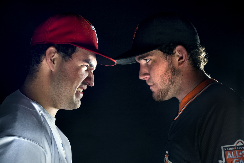 Andrew Lycan (left) and Joseph Declercq (right) show their baseball team pride fo the Texas Rangers and the San Francisco Giants in the upcoming World Series. Photo by Kelsey Heng