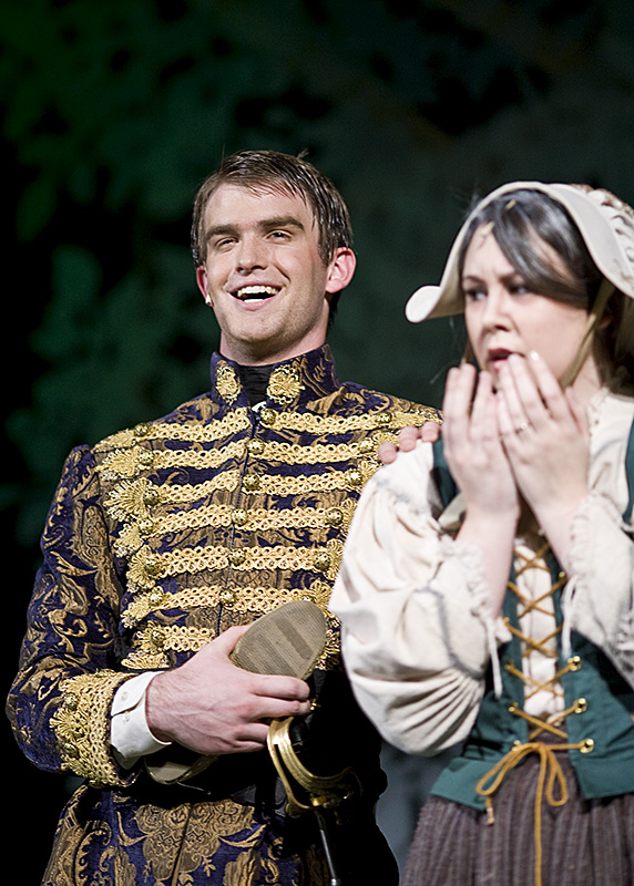 Cinderellas Prince, played by Erik Holmlund stands by Jacks worried mother. |Kelsey Heng/THE CHIMES