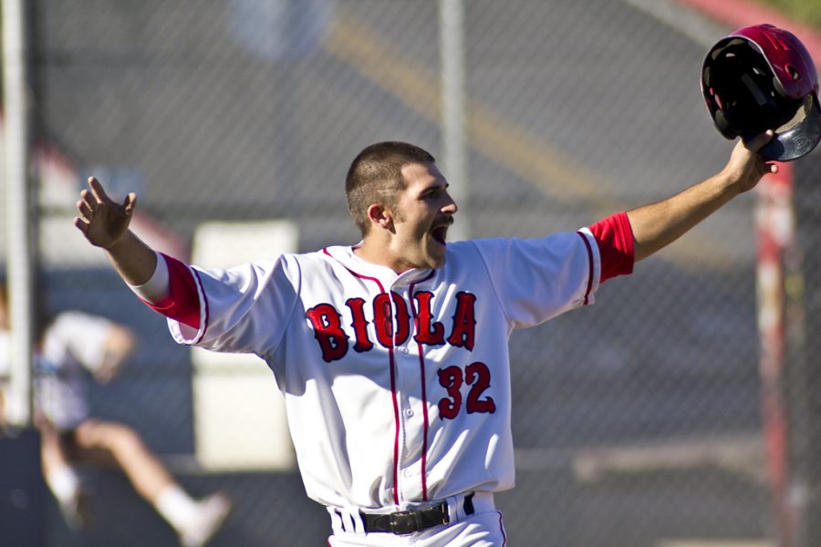 First baseman Drake Fages reacts after scoring one of five runs scored in the bottom of the sixth inning on Thursday, March 10, 2011. Biola baseball defeated Westmont 9-7.