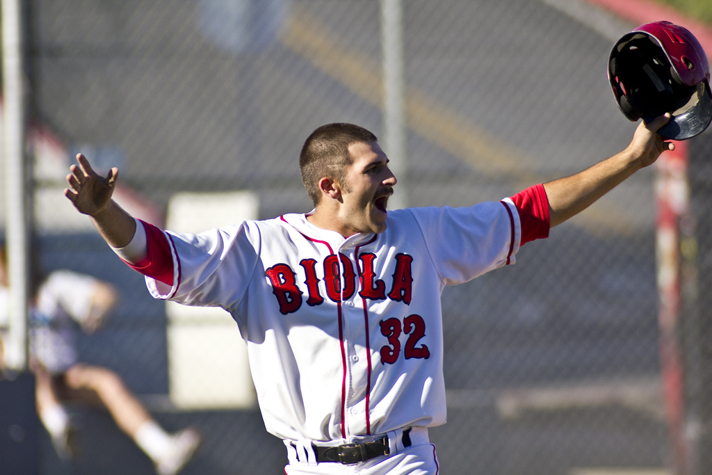 First baseman Drake Fages reacts after scoring one of five runs scored in the bottom of the sixth inning on Thursday, March 10, 2011. Biola baseball defeated Westmont 9-7.