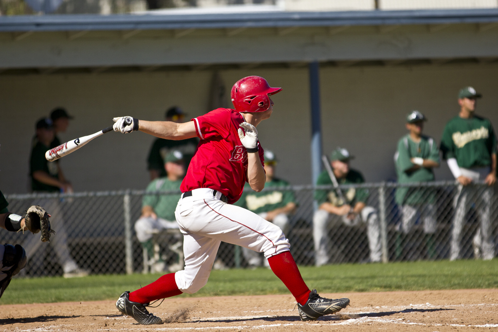 Eagles outfielder Benji Sutherland laces a single during Biola's match-up against Concordia on Thursday afternoon, March 31, 2011. He would go on to score one of the team's runs in the inning. | Job Ang/THE CHIMES