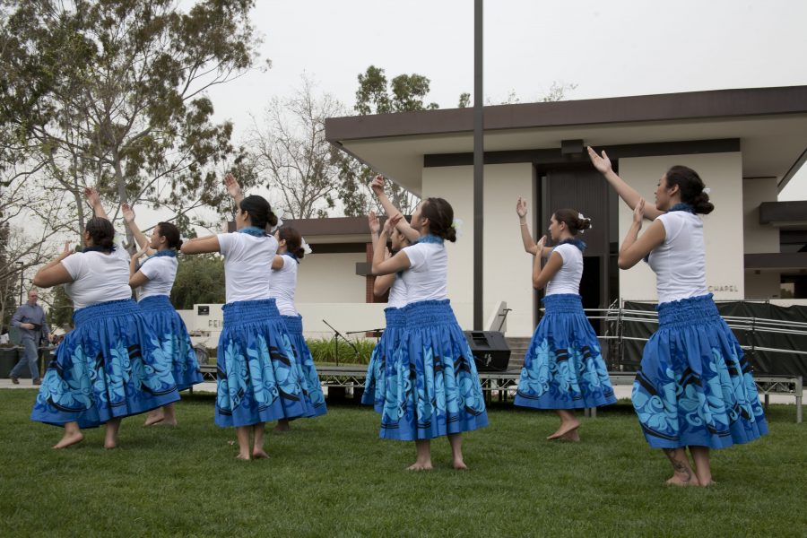 Hula girls performing traditional Hawaiian Hula for Biola during lunch on Metzger Lawn Thursday, March 17, 2011. | Adam Lorona/THE CHIMES