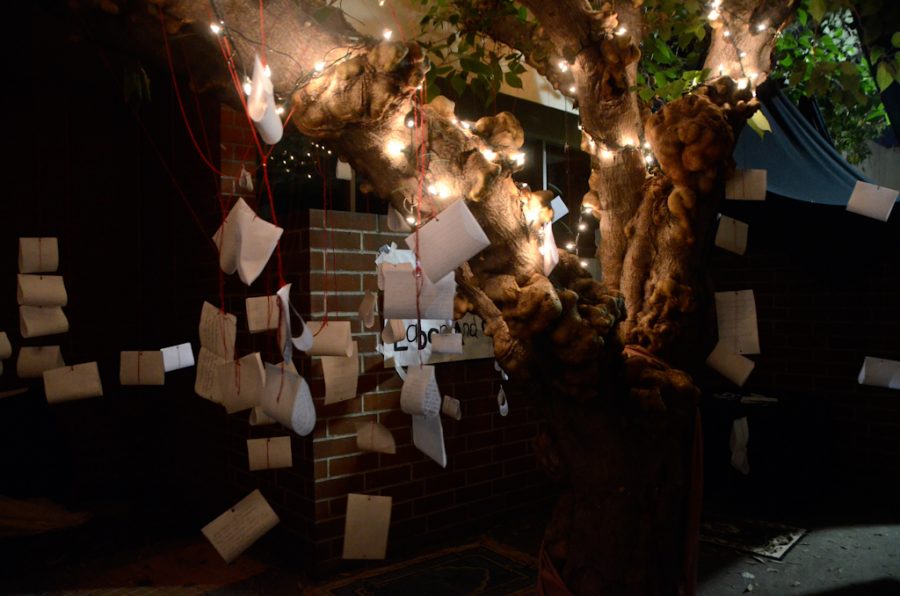 The Burden Tree hangs with the handwritten burdens of students. | Jess Lindner/THE CHIMES