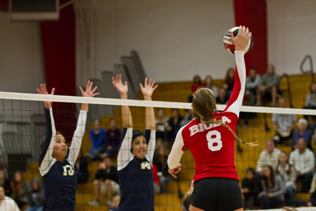 Senior Sarah McAtee reaches for a spike against San Diego Christian on Nov. 5, 2011. The Eagles won 3-0. | Tyler Otte/THE CHIMES