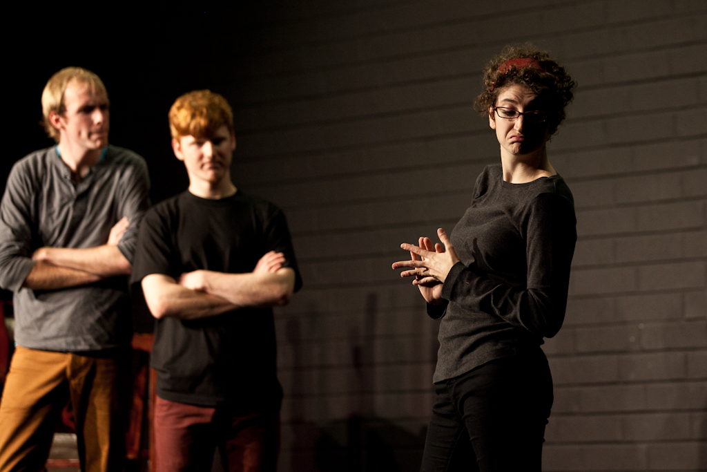 Austin Smith, Aaron Smith, and Abbey Zilka preform at a tech-rehearsal in anticipation for their play "Rosencrantz and Guildenstern are Dead," produced by Torrey Theater Club. The show will be running from Nov. 18-20, 2011. | Ashley Jones/THE CHIMES