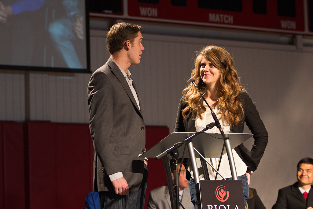 AS vice president and president Ryan Freudenburg and Janine Marderian announce the AS and SMU presidential candidates. | Olivia Blinn/THE CHIMES